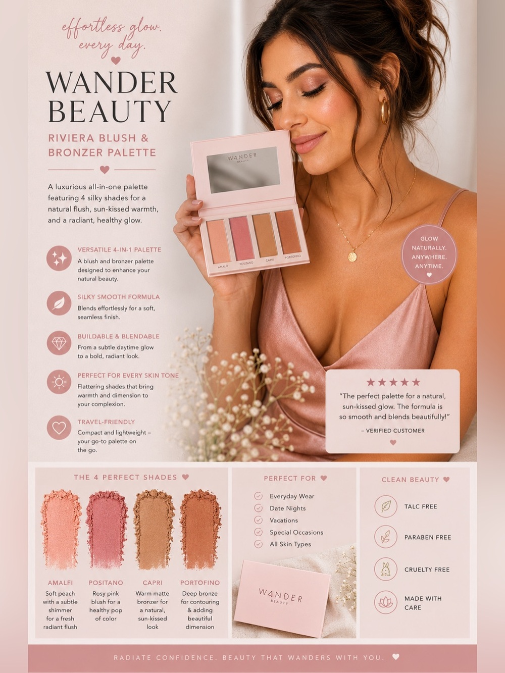 Wander Beauty Riviera Blush & Bronzer Palette — Peach, Pink, Bronze, Warm Brown